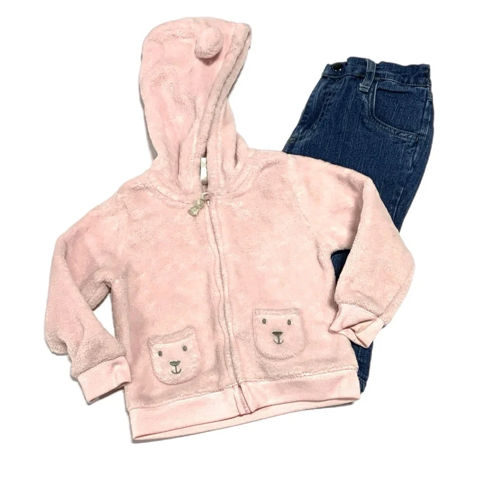 Pink‎ Fleece Bear Hoodie and Blue Jeans Set 4252